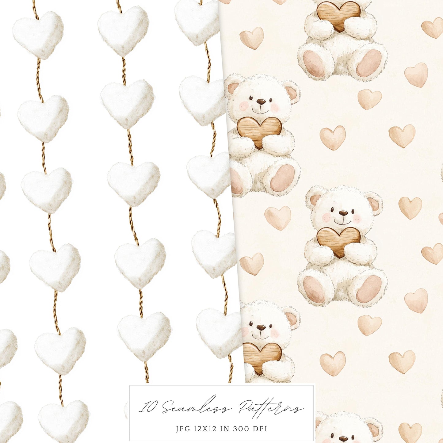 Boho Valentine - Valentines Day Seamless Patterns, Rustic, Romantic | 10 JPEG