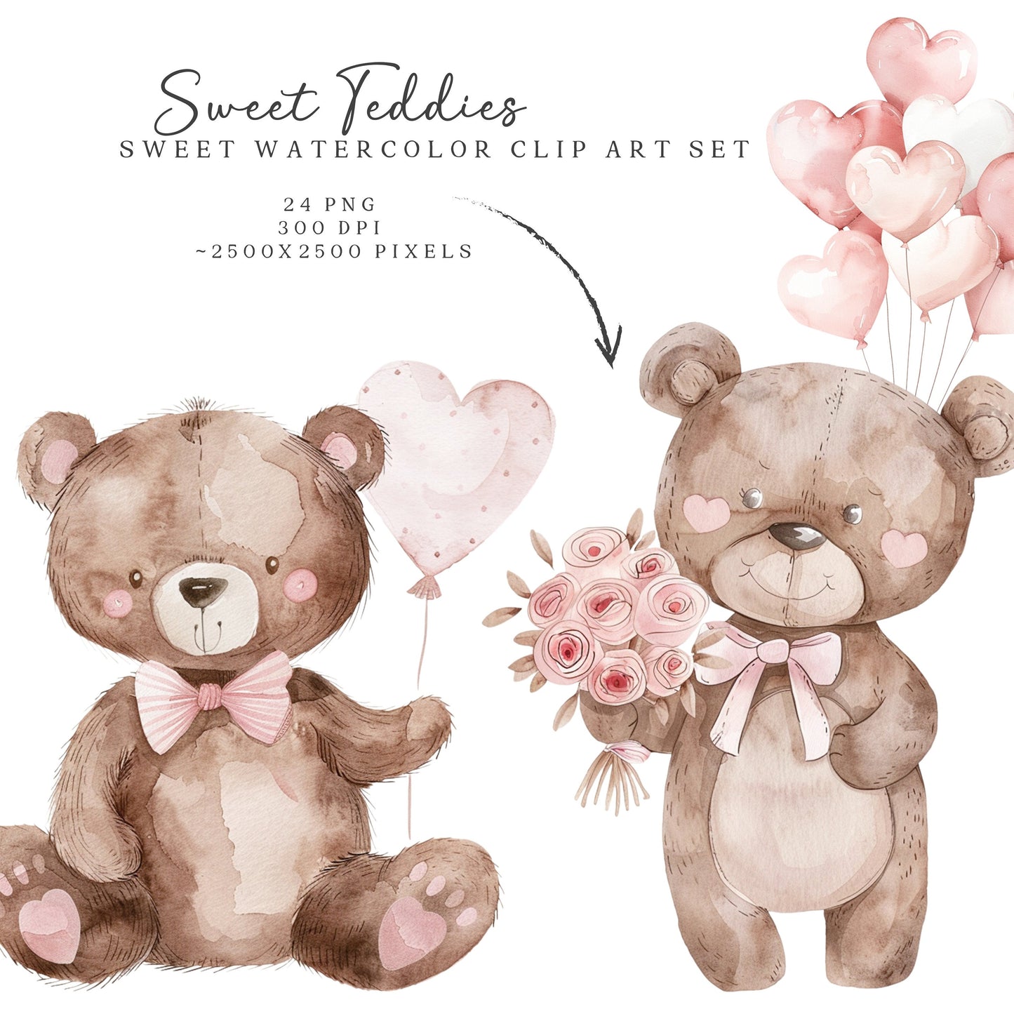 Sweet Teddies - Pink Teddy Bear, Nursery Animal Clipart, Cute Party Invite | 24 PNG