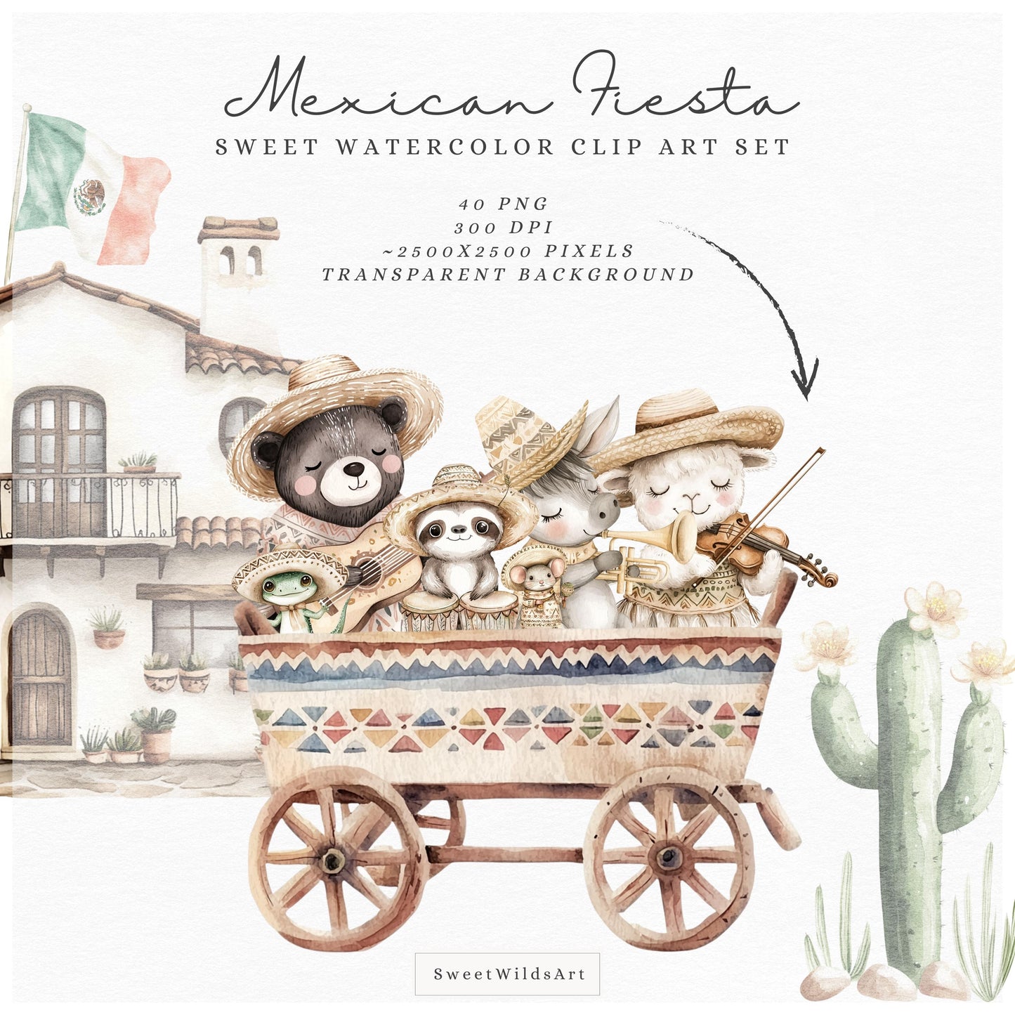 Mexican Fiesta - Cute Cinco de Mayo Clipart, Baby Animals, Taco, Donkey | 40 PNG