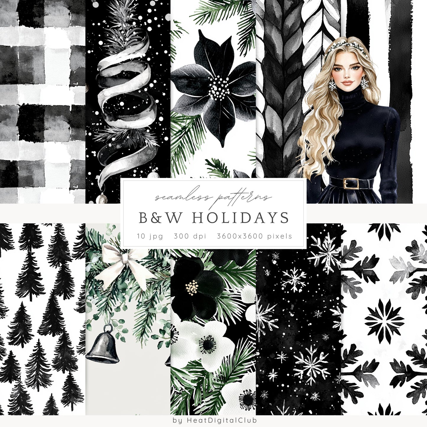 Black and White Holidays - Seamless Patterns, Winter, Snowflakes | 10 JPEG
