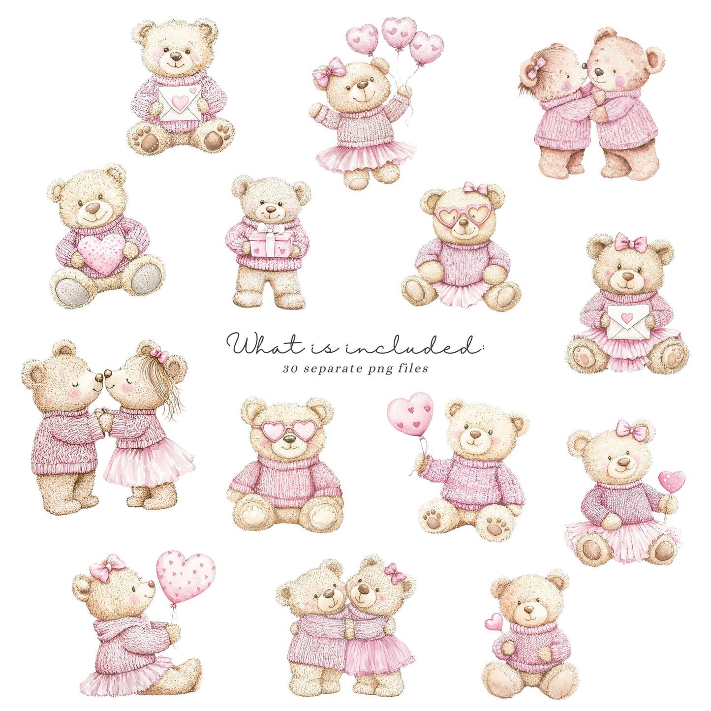 Valentine Bears - Cute Valentines Day, Love Clipart, Baby Bear, Romantic | 30 PNG