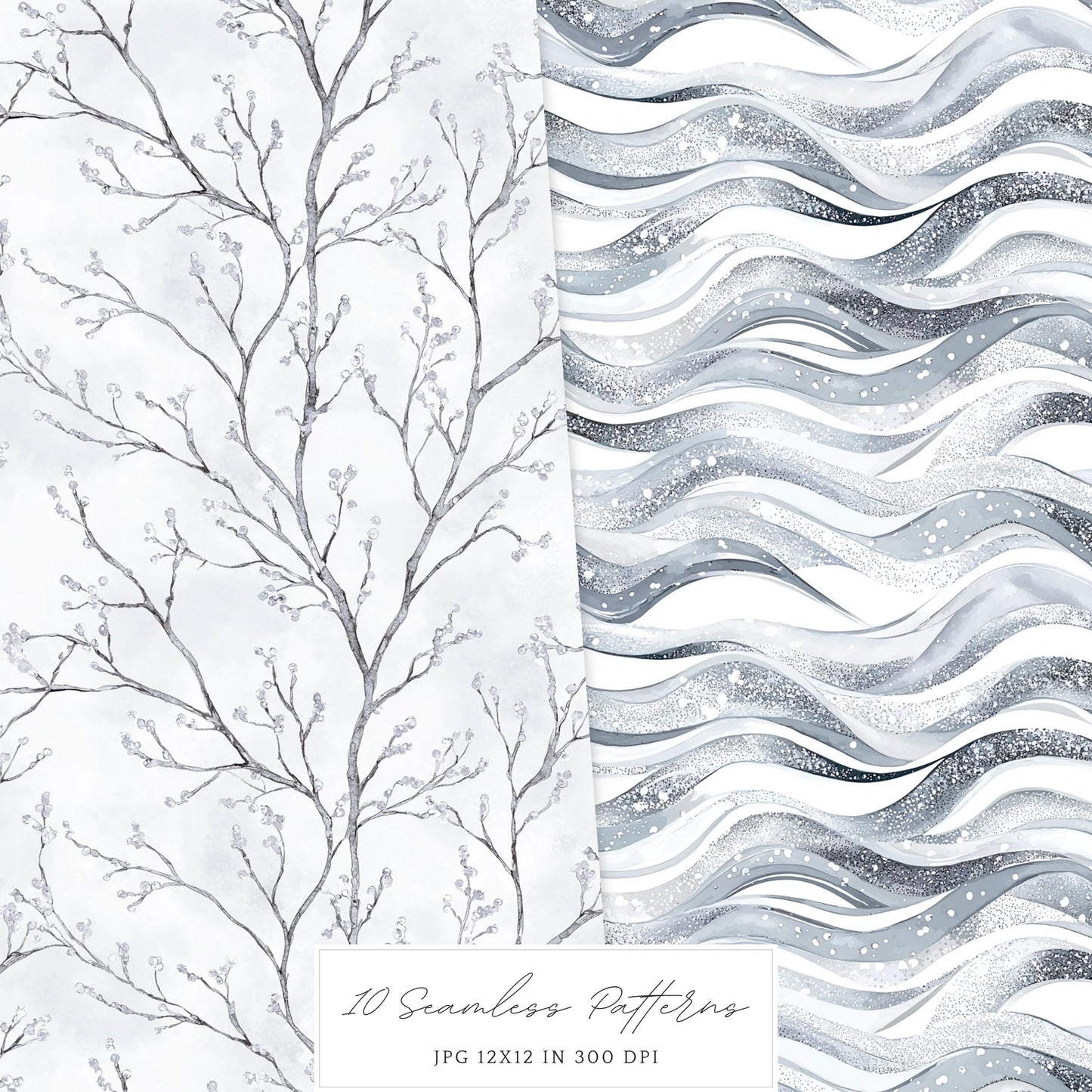 Silver Ice - Seamless Patterns, Cozy Winter, Snowflakes | 10 JPEG