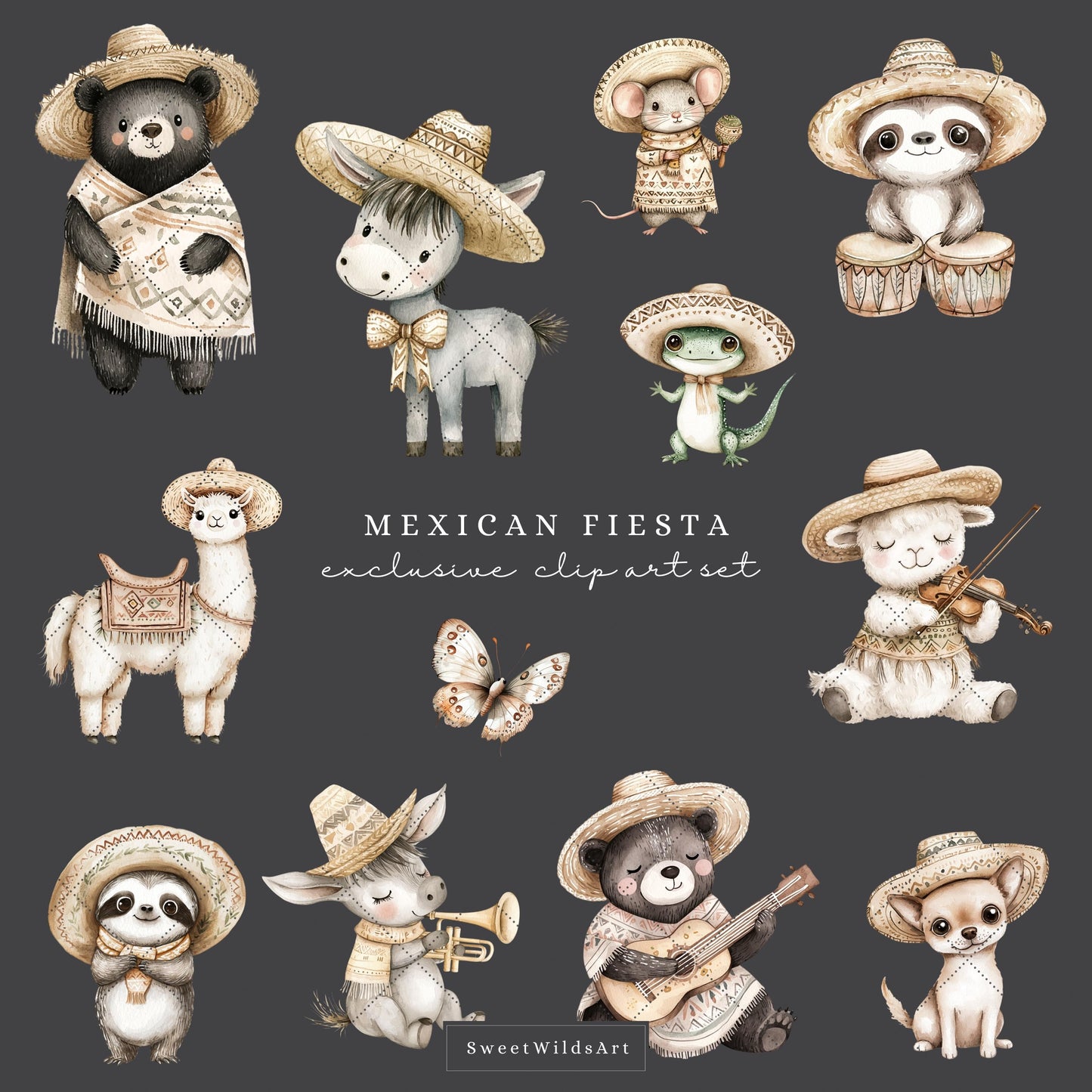Mexican Fiesta - Cute Cinco de Mayo Clipart, Baby Animals, Taco, Donkey | 40 PNG