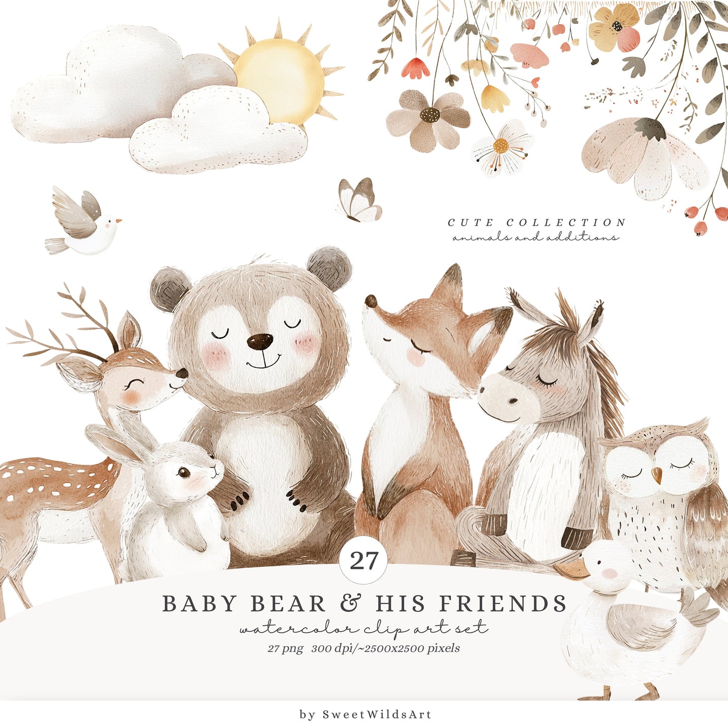 Baby Bear and His Friends - Woodland Animals, Cute Baby Bear, Nursery | 27 PNG