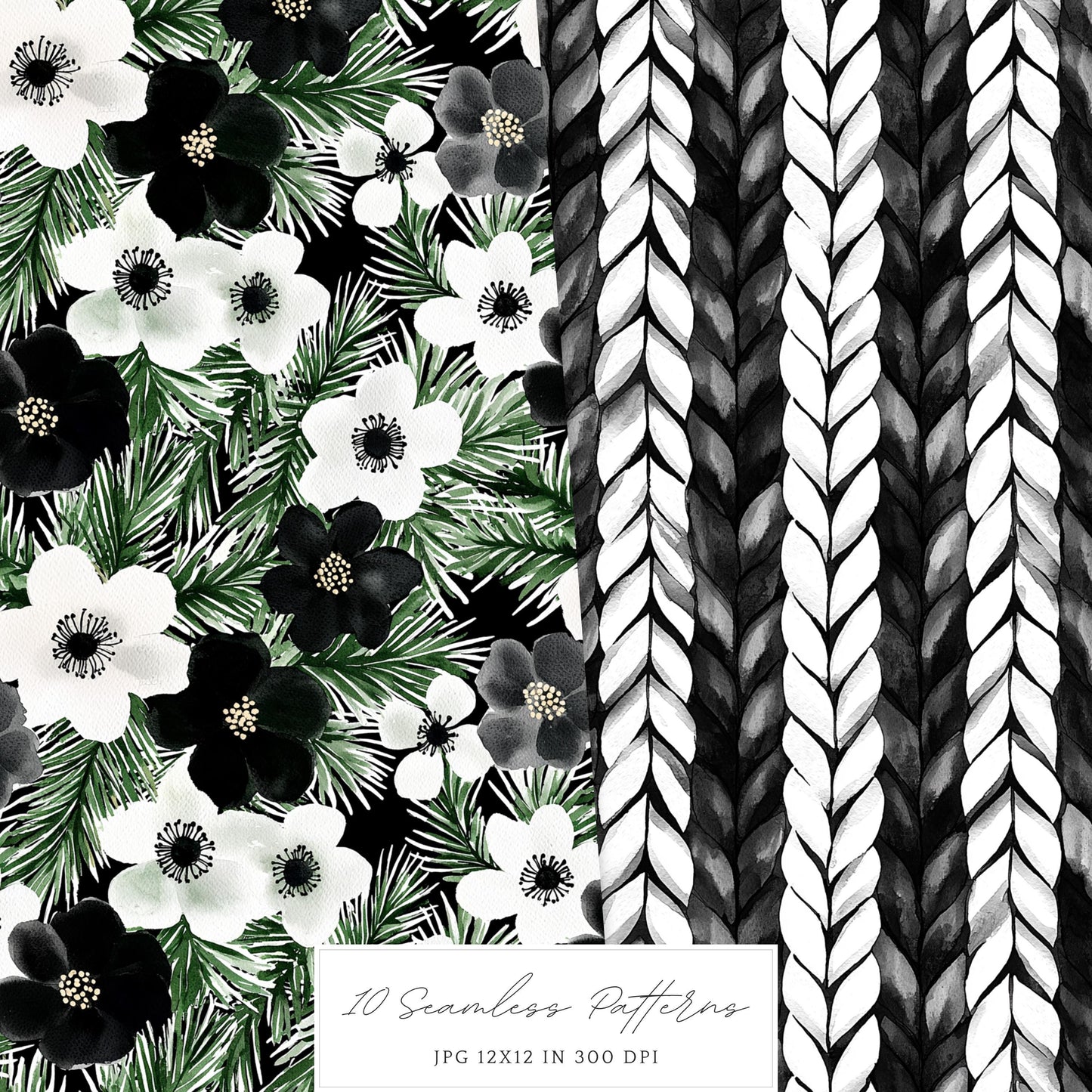 Black and White Holidays - Seamless Patterns, Winter, Snowflakes | 10 JPEG