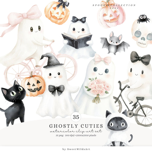 Ghostly Cuties - Cute Halloween Clipart, Spooky Ghosts, Pumpkin, Kids | 35 PNG