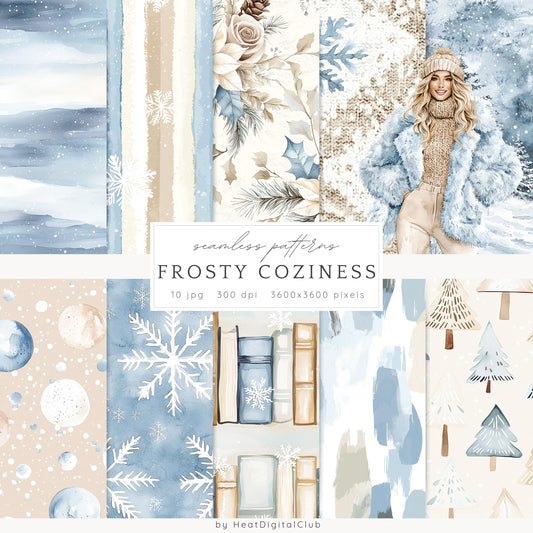 Frosty Coziness - Seamless Patterns, Winter Rustic, Snowflakes | 10 JPEG