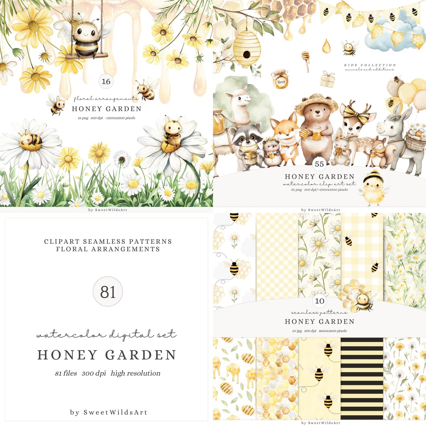 Honey Garden - Collection Bundle, Cute Animals, Baby Bee, Summer Flowers, Forest Friends, Digital Download