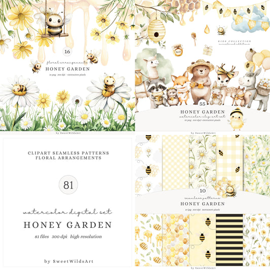 Honey Garden - Collection Bundle, Cute Animals, Baby Bee, Summer Flowers, Forest Friends, Digital Download