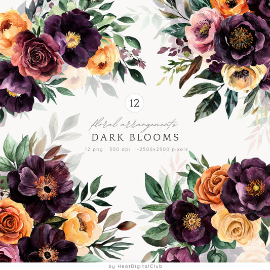 Dark Blooms - Floral Arrangements Clipart, Elegant Flowers, Gothic | 12 PNG