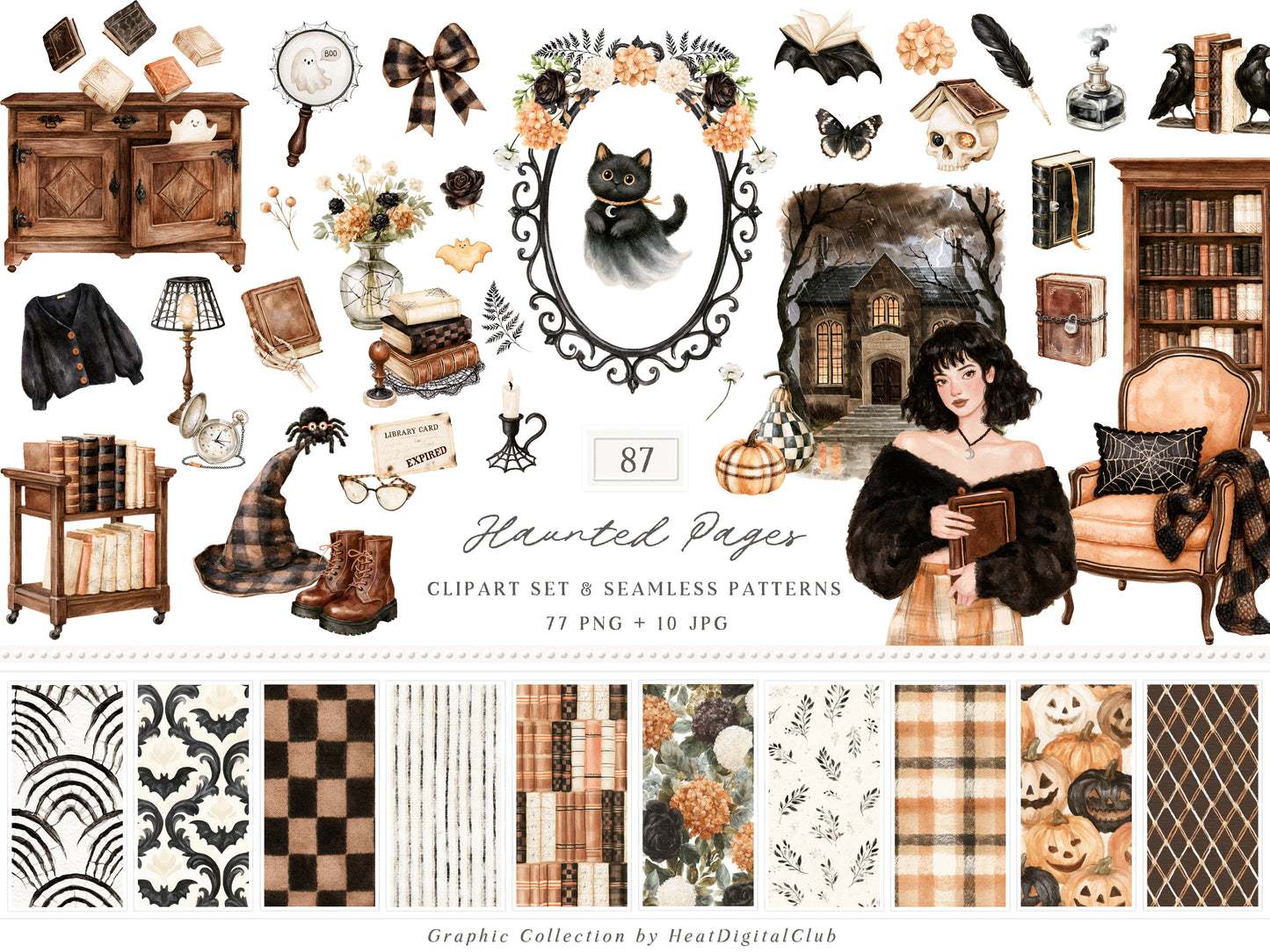 Haunted Pages - Watercolor Halloween Reading Clipart & Seamless Patterns Bundle, Gothic Library Books Graphics | 87 PNG/JPEG