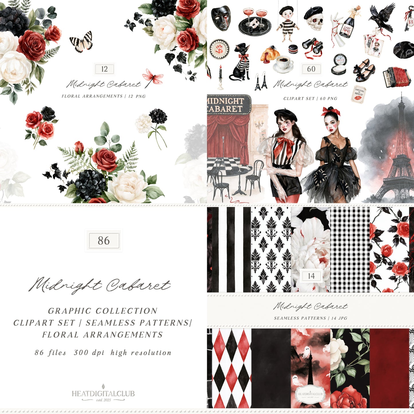 Midnight Cabaret - Watercolor Halloween Clipart & Seamless Patterns Bundle, Paris Gothic Florals | 86 PNG/JPEG