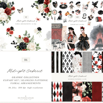Midnight Cabaret - Watercolor Halloween Clipart & Seamless Patterns Bundle, Paris Gothic Florals | 86 PNG/JPEG