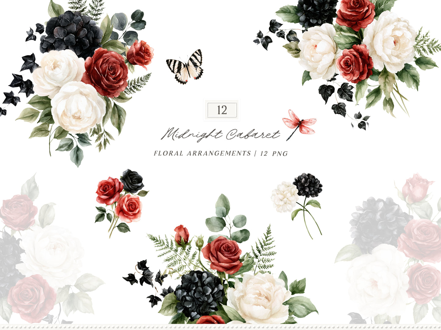 Midnight Cabaret - Watercolor Gothic Floral Arrangements, Black Red Roses Halloween Collection | 12 PNG