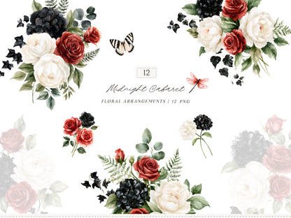Midnight Cabaret - Watercolor Gothic Floral Arrangements, Black Red Roses Halloween Collection | 12 PNG