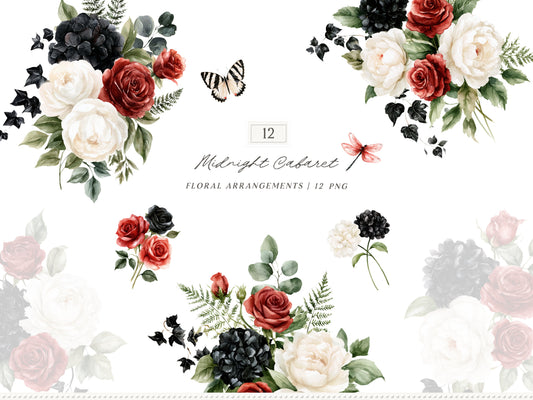 Midnight Cabaret - Watercolor Gothic Floral Arrangements, Black Red Roses Halloween Collection | 12 PNG
