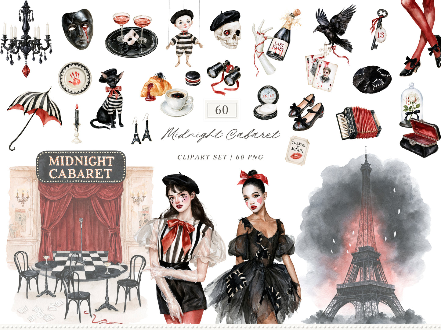 Midnight Cabaret - Watercolor Halloween Clipart Bundle, Paris Gothic Mime Collection | 60 PNG