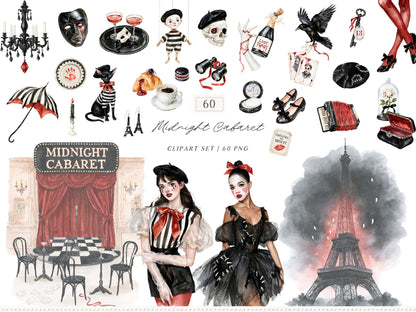 Midnight Cabaret - Watercolor Halloween Clipart Bundle, Paris Gothic Mime Collection | 60 PNG
