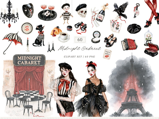Midnight Cabaret - Watercolor Halloween Clipart Bundle, Paris Gothic Mime Collection | 60 PNG