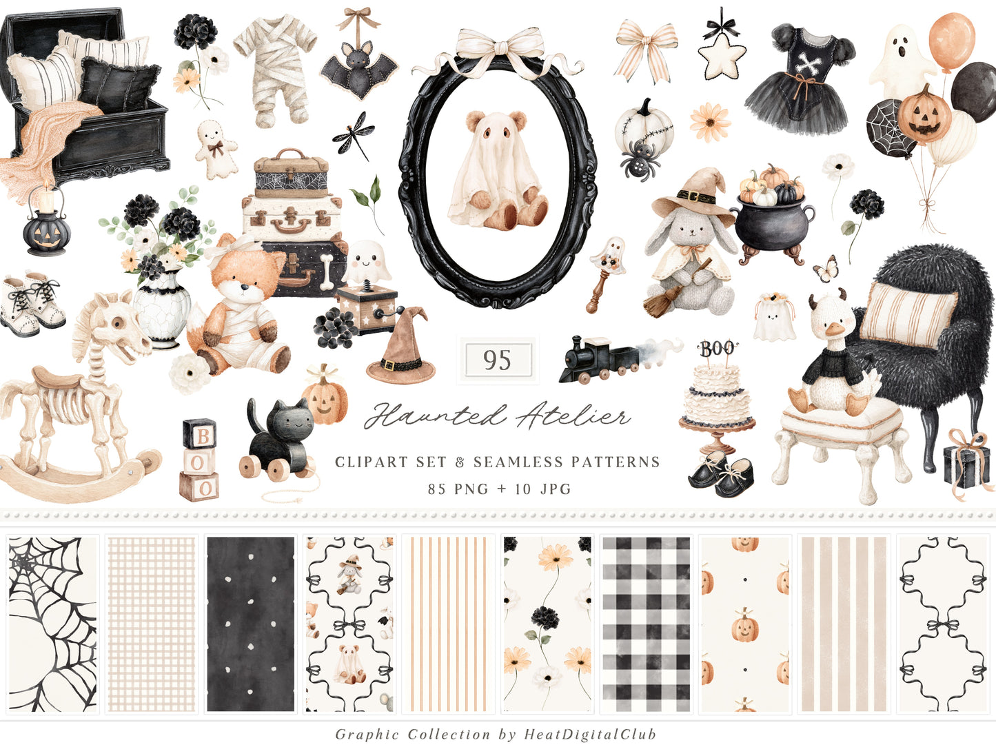 Haunted Atelier - Watercolor Halloween Clipart, Neutral Spooky PNG & Seamless Patterns | 95 PNG/JPEG