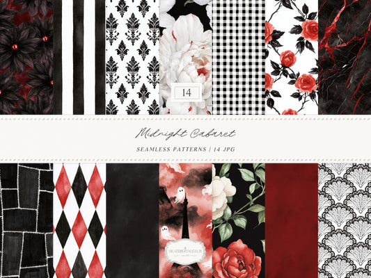 Midnight Cabaret - Gothic Halloween Seamless Patterns, Black Red Watercolor Collection | 14 JPEG