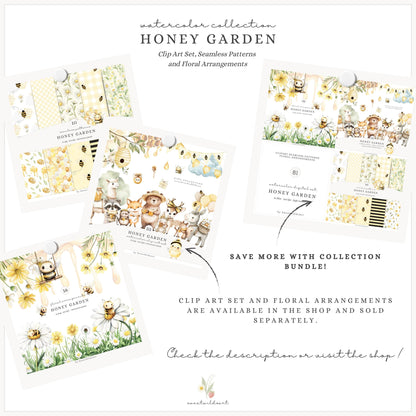 Honey Garden - Seamless Patterns, Bees, Honeycombs, Gingham | 10 JPEG