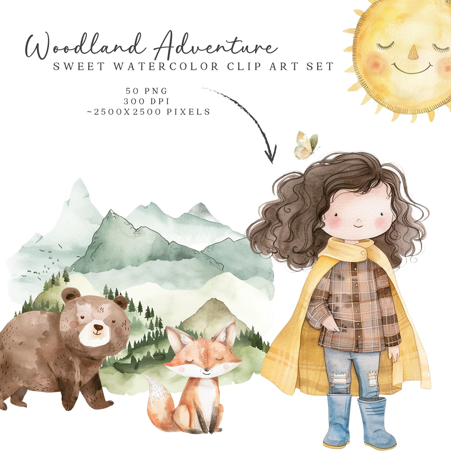 Woodland Adventure - Cute Animals Clipart, Baby Shower, Nursery, Boho Forest | 50 PNG