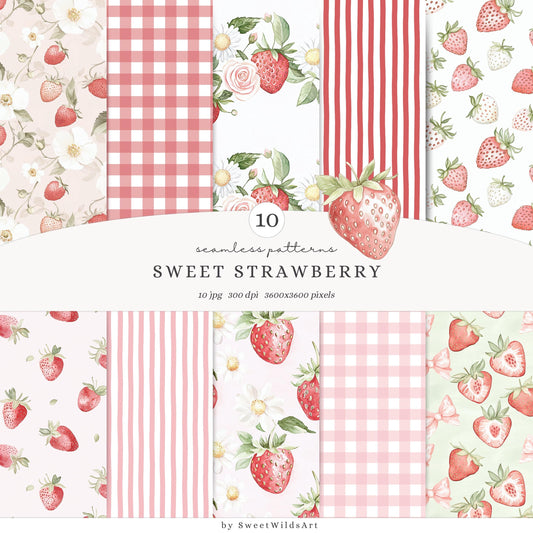 Sweet Strawberry - Seamless Patterns, Berry, Strawberry | 10 JPEG