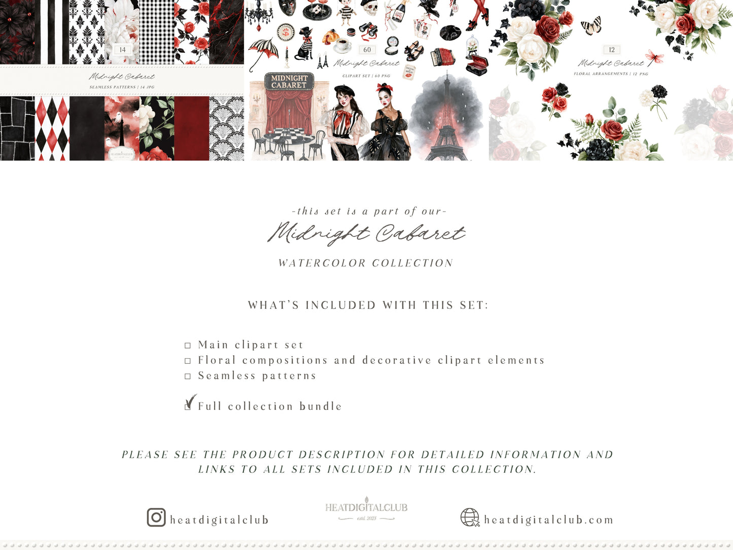 Midnight Cabaret - Watercolor Halloween Clipart & Seamless Patterns Bundle, Paris Gothic Florals | 86 PNG/JPEG
