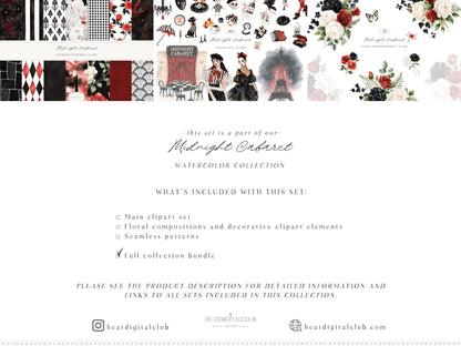 Midnight Cabaret - Watercolor Halloween Clipart & Seamless Patterns Bundle, Paris Gothic Florals | 86 PNG/JPEG