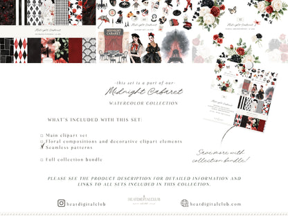 Midnight Cabaret - Gothic Halloween Seamless Patterns, Black Red Watercolor Collection | 14 JPEG