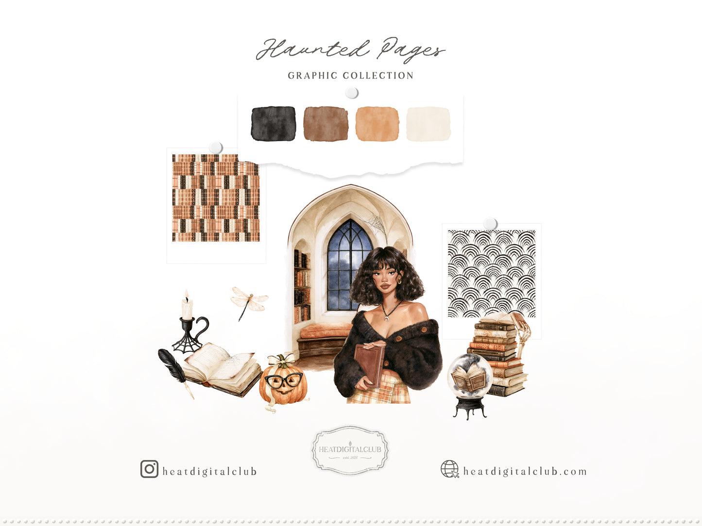 Haunted Pages - Watercolor Halloween Reading Clipart & Seamless Patterns Bundle, Gothic Library Books Graphics | 87 PNG/JPEG