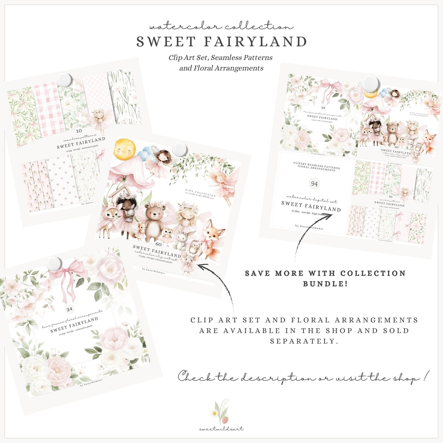 Sweet Fairyland - Seamless Patterns, Pastel Fairy Garden, Pink Floral | 10 JPEG