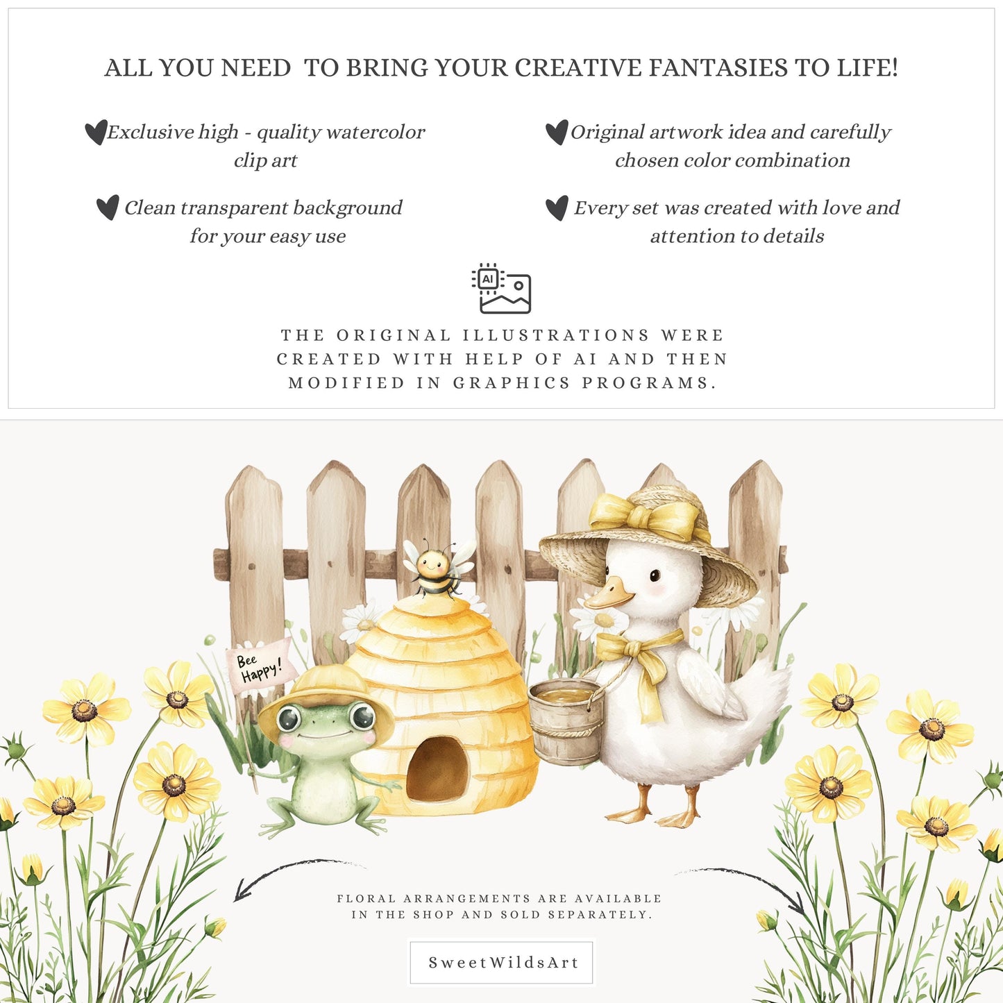 Honey Garden - Cute Animals, Baby Bee Clipart, Summer Flowers | 55 PNG