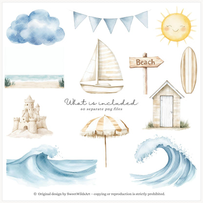 Vacation Vibe - Cute Beach Animals, Ocean Nursery Clipart, Vacation | 60 PNG