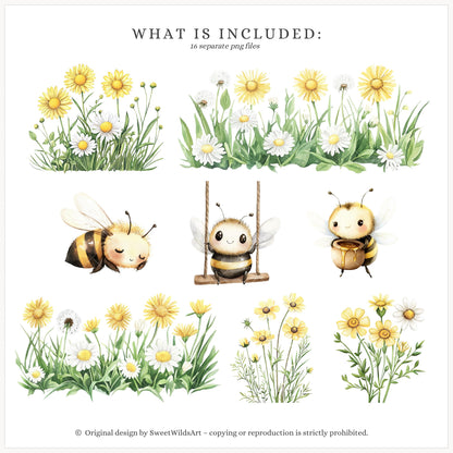 Honey Garden - Floral Arrangements, Daisies, Dandelions, Bees and Honey | 16 PNG