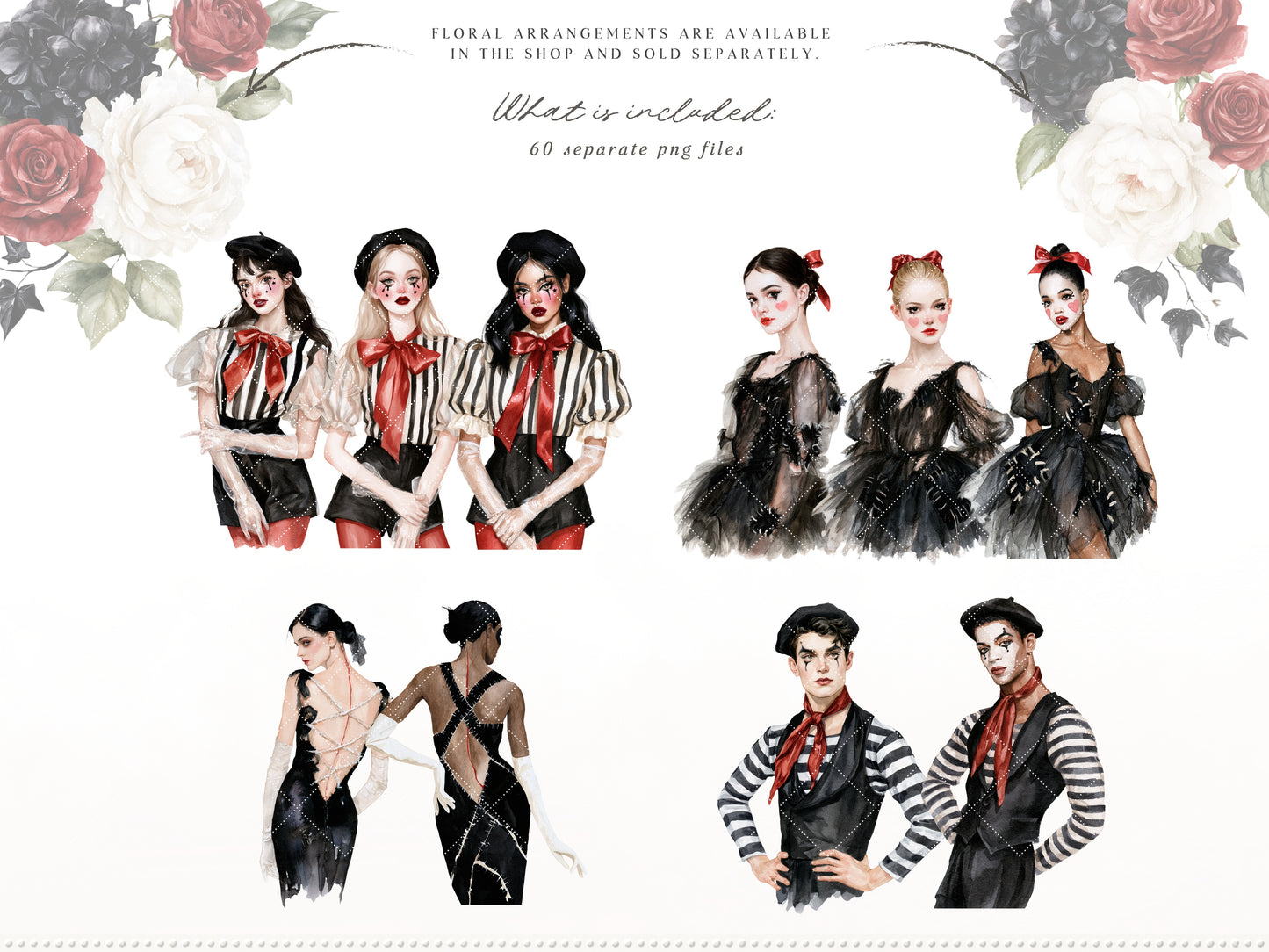 Midnight Cabaret - Watercolor Halloween Clipart Bundle, Paris Gothic Mime Collection | 60 PNG