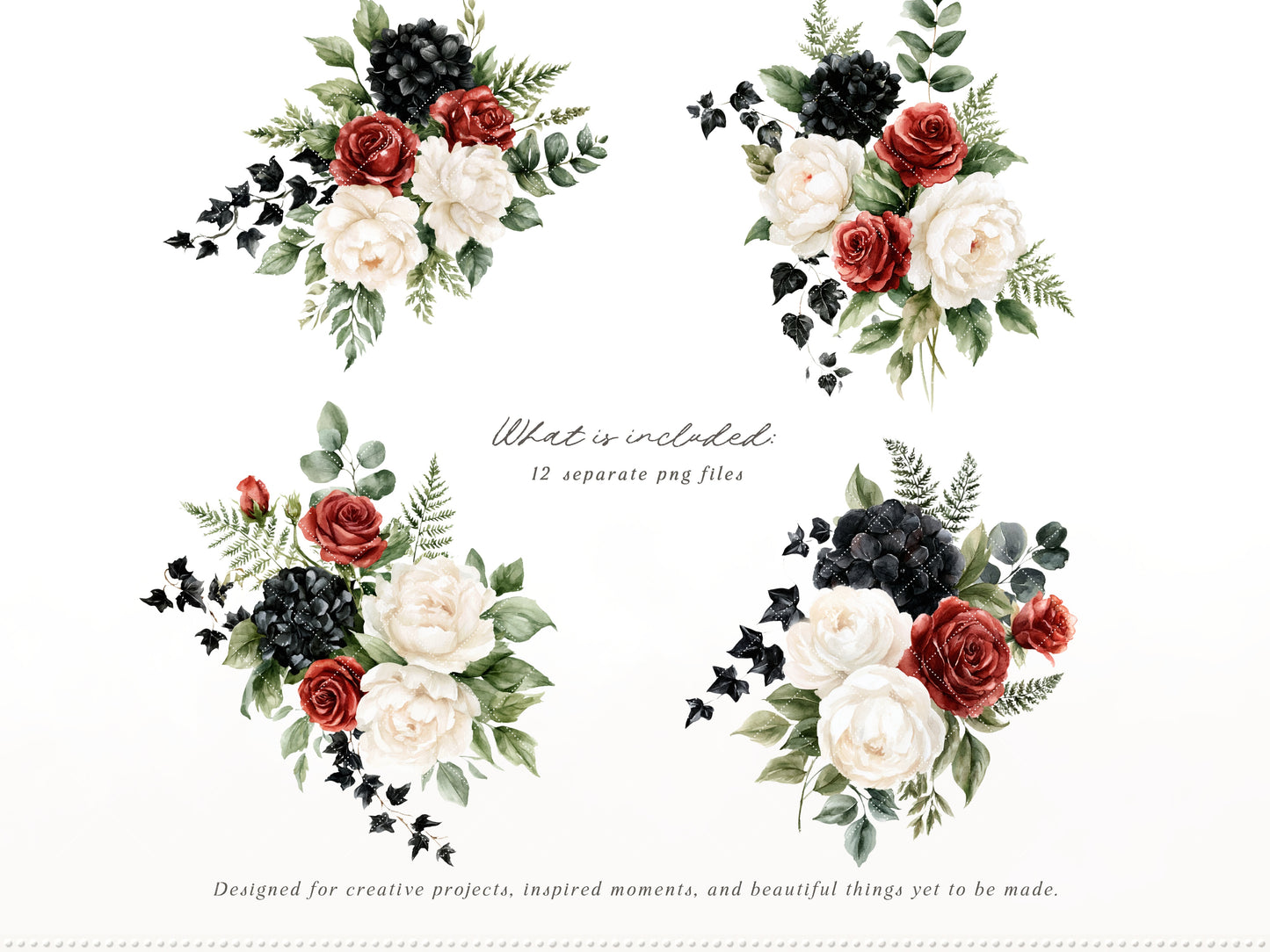 Midnight Cabaret - Watercolor Gothic Floral Arrangements, Black Red Roses Halloween Collection | 12 PNG