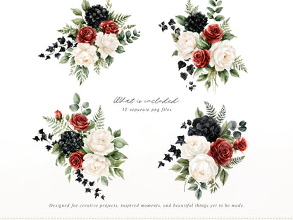 Midnight Cabaret - Watercolor Gothic Floral Arrangements, Black Red Roses Halloween Collection | 12 PNG