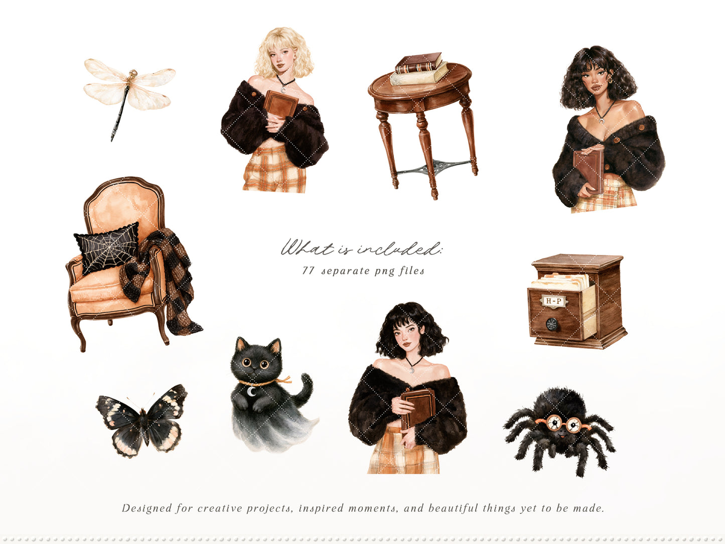 Haunted Pages - Watercolor Halloween Reading Clipart & Seamless Patterns Bundle, Gothic Library Books Graphics | 87 PNG/JPEG