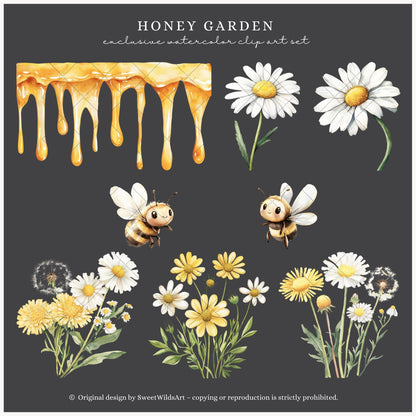 Honey Garden - Floral Arrangements, Daisies, Dandelions, Bees and Honey | 16 PNG