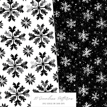 Black and White Holidays - Seamless Patterns, Winter, Snowflakes | 10 JPEG