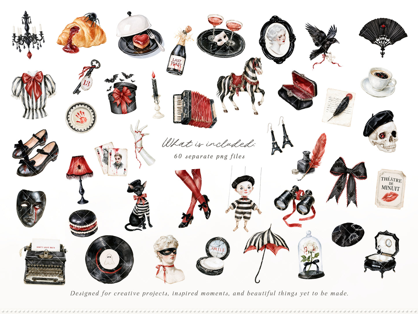 Midnight Cabaret - Watercolor Halloween Clipart Bundle, Paris Gothic Mime Collection | 60 PNG