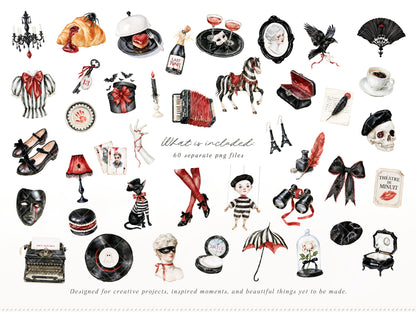 Midnight Cabaret - Watercolor Halloween Clipart Bundle, Paris Gothic Mime Collection | 60 PNG