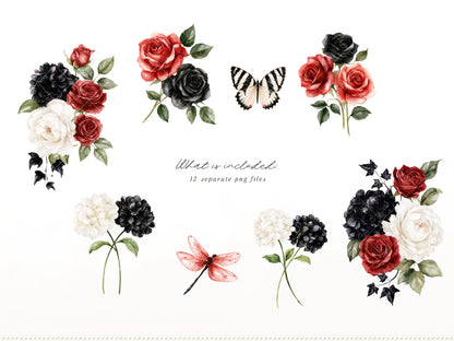 Midnight Cabaret - Watercolor Gothic Floral Arrangements, Black Red Roses Halloween Collection | 12 PNG
