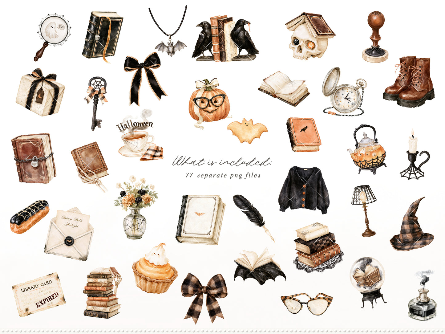 Haunted Pages - Watercolor Halloween Reading Clipart & Seamless Patterns Bundle, Gothic Library Books Graphics | 87 PNG/JPEG