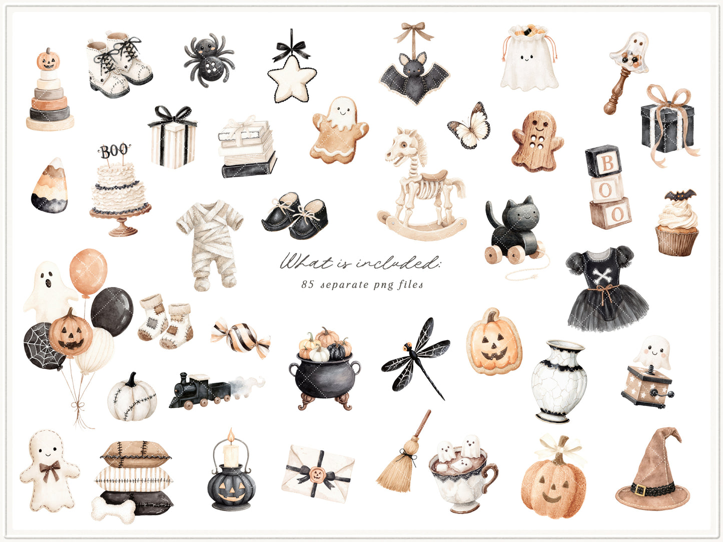 Haunted Atelier - Watercolor Halloween Clipart, Neutral Spooky PNG & Seamless Patterns | 95 PNG/JPEG