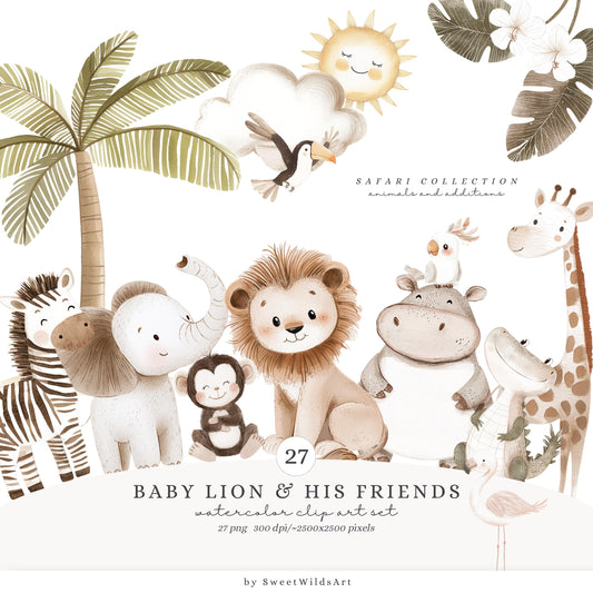 Baby Lion and his Friends - Safari Animals Clipart, Cute, Baby Shower, Nursery | 27 PNG