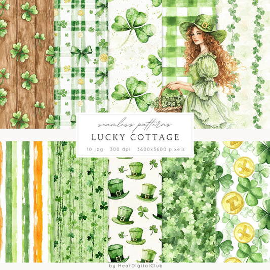 Lucky Cottage - St. Patrick's Day Seamless Patterns, Floral, Shamrock | 10 JPEG