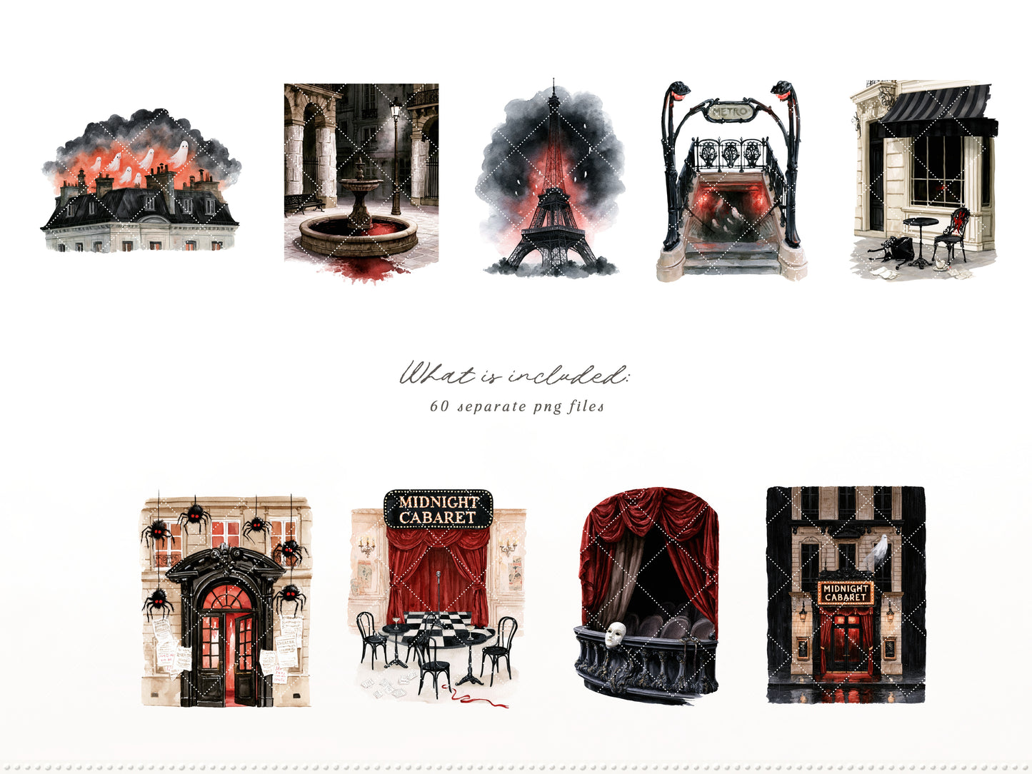 Midnight Cabaret - Watercolor Halloween Clipart Bundle, Paris Gothic Mime Collection | 60 PNG